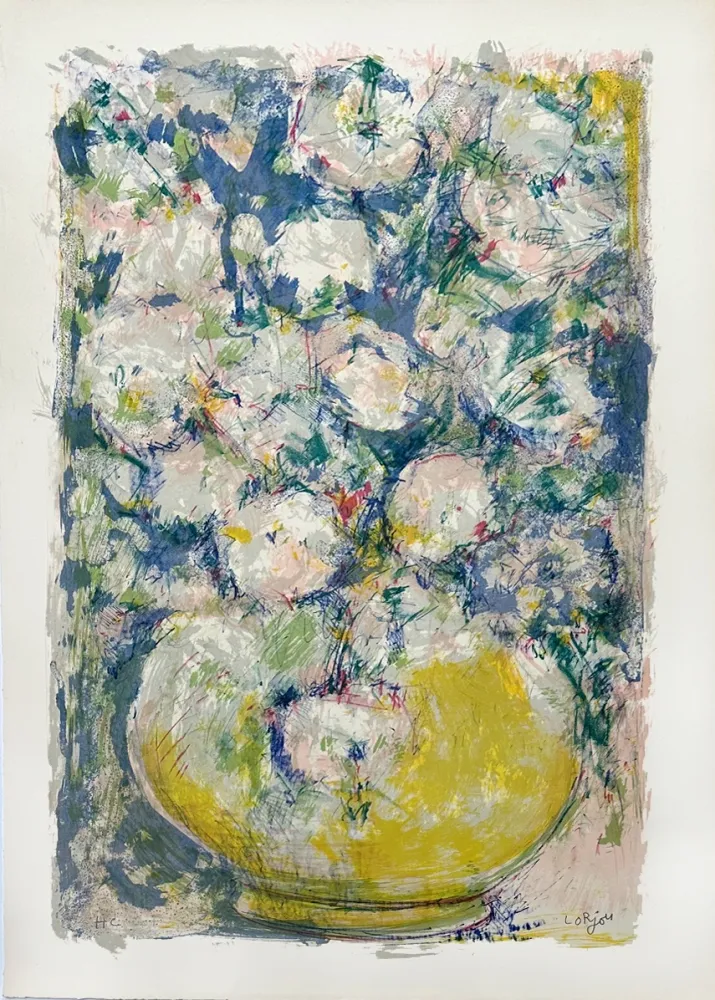 石版画 Lorjou - Bouquet de roses blanches