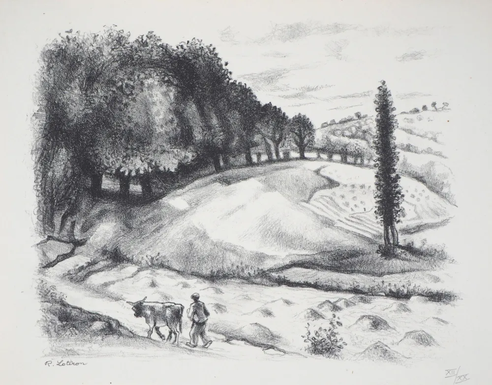 石版画 Lotiron - Homme et vache dans un paysage