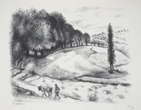 石版画 Lotiron - Homme et vache dans un paysage