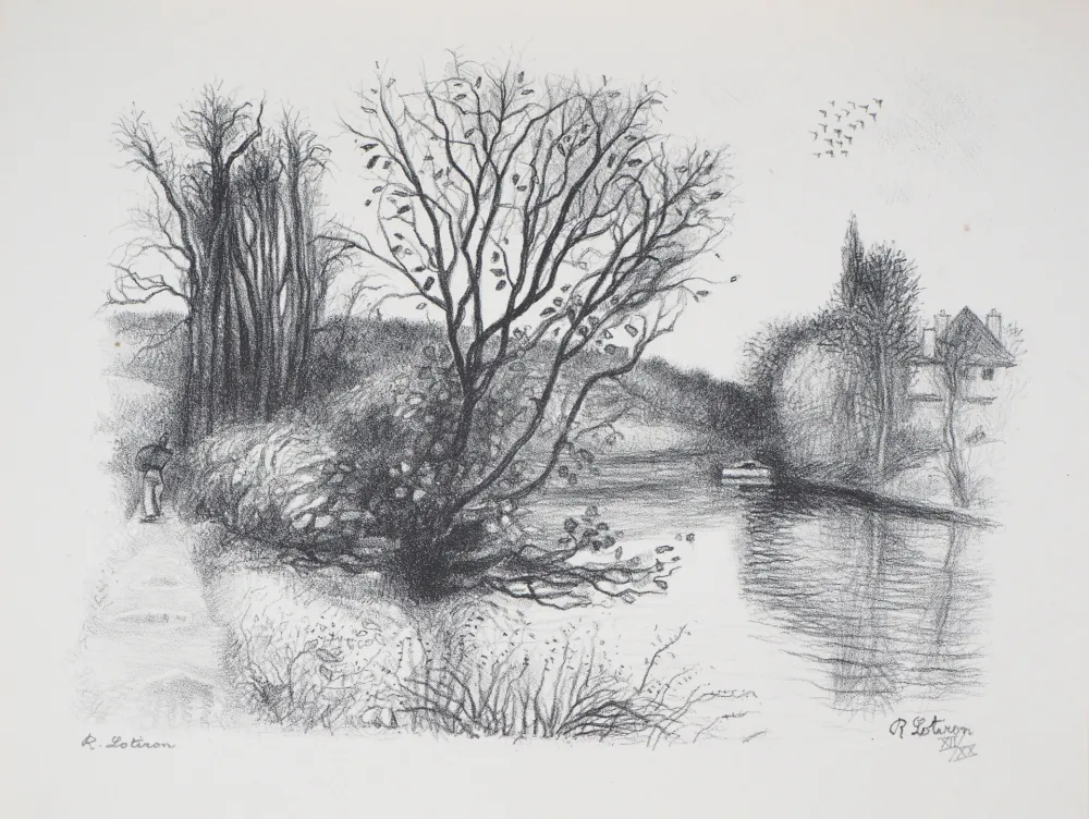 石版画 Lotiron - Migneaux, Ile sur la Seine (Poissy)