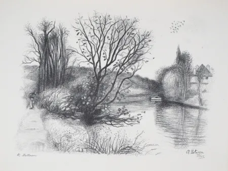 石版画 Lotiron - Migneaux, Ile sur la Seine (Poissy)