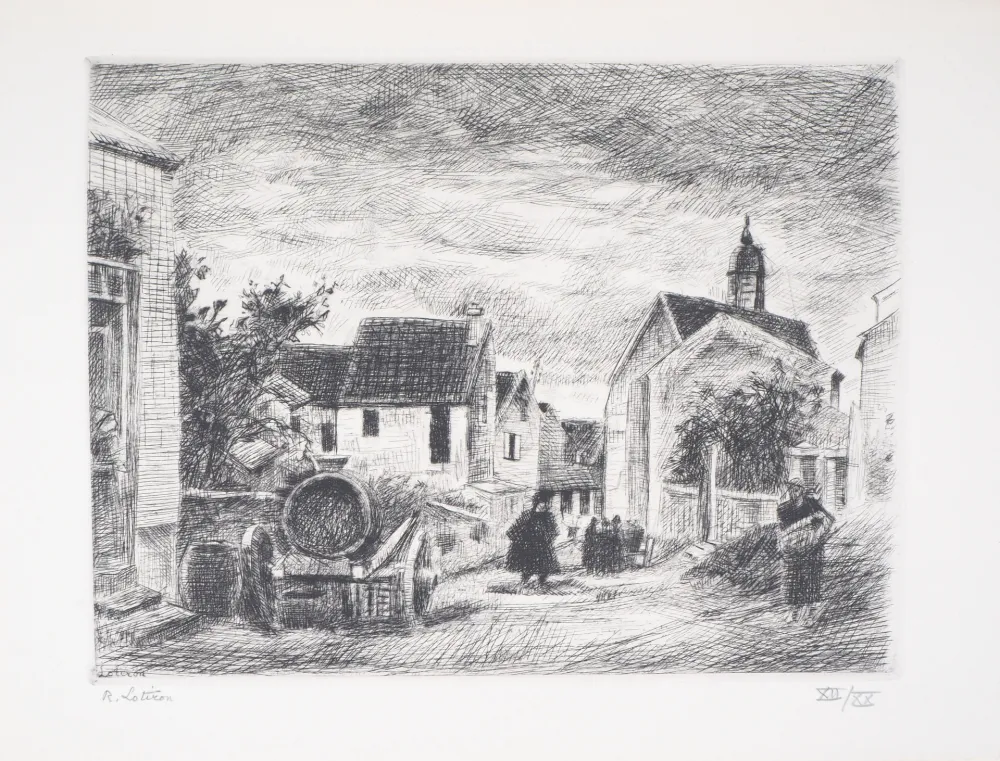 版画 Lotiron - Village et petite chapelle
