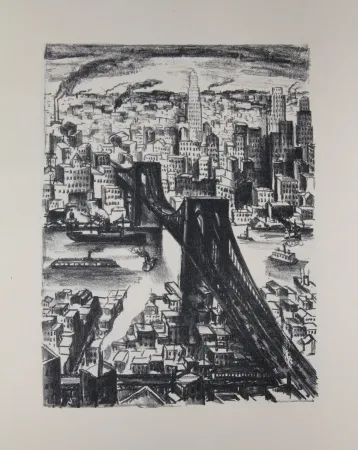 石版画 Lubbers - NEW-YORK - BROOKLYN BRIDGE / LE PONT DE BROOKLYN