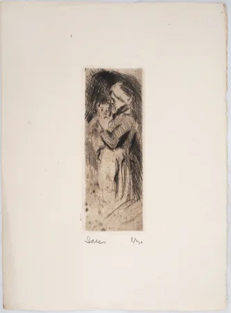 干刻版画 Luce - Maximilien LUCE -Grand-mère cajolant son petit-enfant Vers 1890 -Gravure originale signée