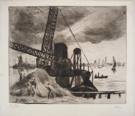 干刻版画 Luce - Maximilien LUCE - Grue du port de Rotterdam Vers 1890 -Gravure originale signée