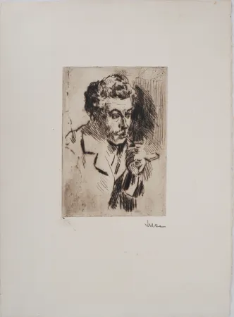 干刻版画 Luce - Maximilien LUCE - Homme à la cigarette ( portrait de Jean Peské) Vers 1895 - Gravure originale signée