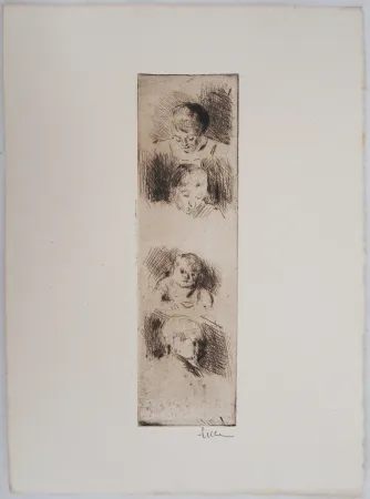 干刻版画 Luce - Maximilien LUCE - La Fratrie (Etude de quatre enfants) Vers 1890 - Gravure originale signée