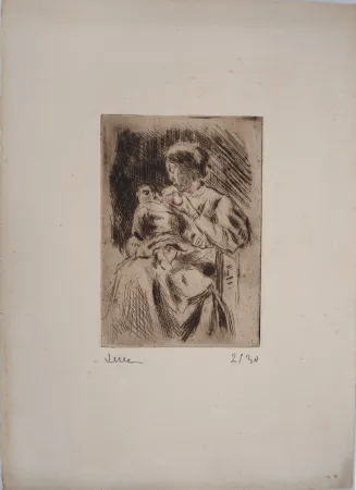 干刻版画 Luce - Maximilien LUCE -  La Maternité : une mère et son nouveau-né La Maternité : une mère et son nouveau-né Vers 1890 - Gravure originale signée