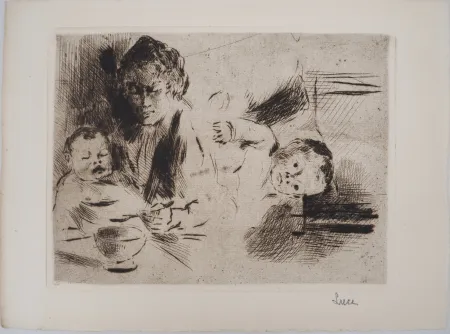 干刻版画 Luce - Maximilien LUCE - Maternité : le repas et le coucher de l'enfant Vers 1895 - Gravure originale signée