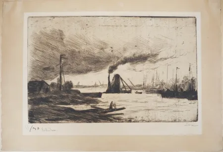 干刻版画 Luce - Maximilien LUCE - Rotterdam, voiliers à quai et  fumée dans le port Vers 1890 - Gravure originale signée