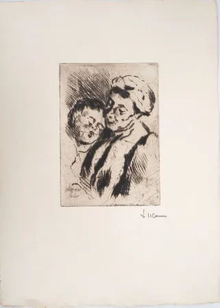 干刻版画 Luce - Maximilien LUCE - Tendresse entre la grand-mère et l'enfant - Gravure originale signée