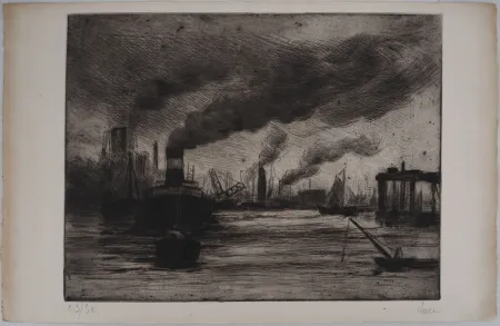 干刻版画 Luce - Maximilien LUCE - Vue du port de Rotterdam Vers 1890-1895 - Gravure originale signée