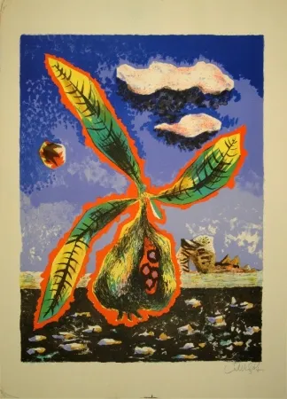 石版画 Lurcat - Frucht mit Blättern in phantastischer Landschaft