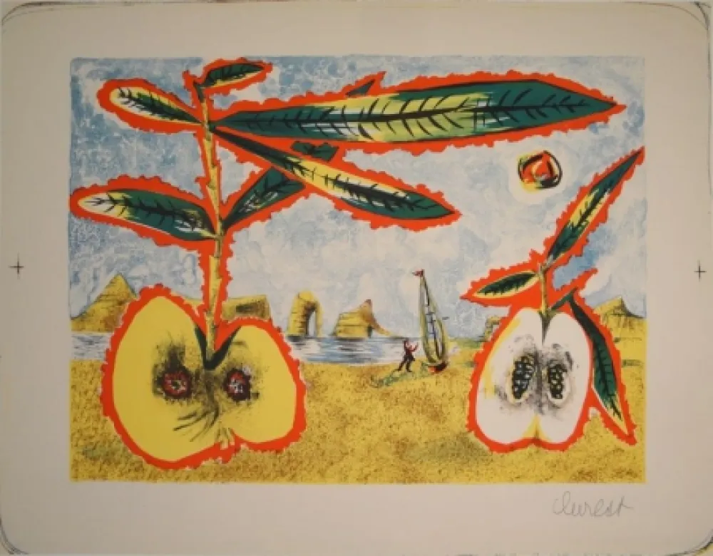 石版画 Lurcat - Surreale Landschaft mit zwei halben Äpfeln, Zweig und Blättern