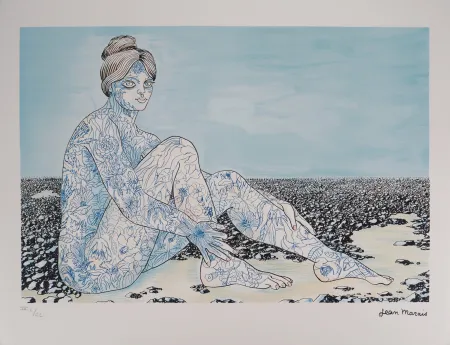 石版画 Marais  - Fusion avec la nature, Femme aux tatouages de fleurs