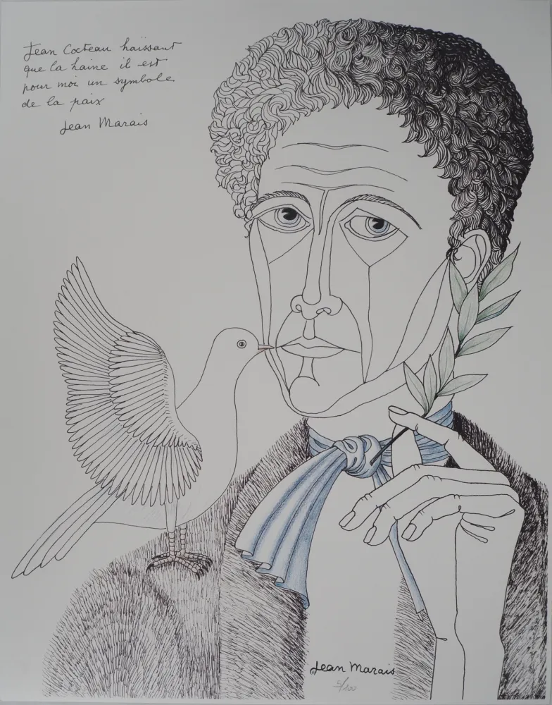 石版画 Marais  - Jean Cocteau à la colombe et au rameau, Homme de Paix