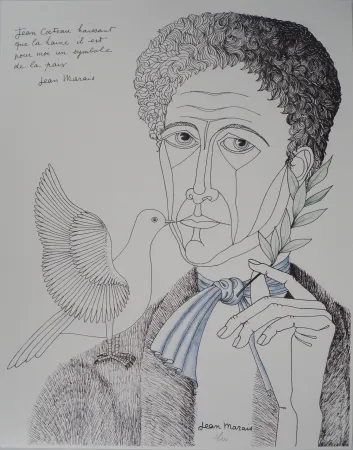 石版画 Marais  - Jean Cocteau à la colombe et au rameau, Homme de Paix
