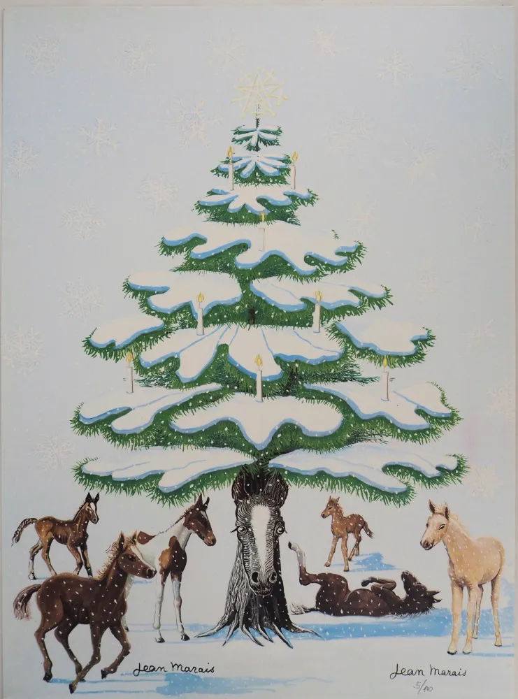 石版画 Marais  - Sapin de Noel enneigé et Chevaux