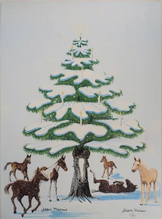 石版画 Marais  - Sapin de Noel enneigé et Chevaux