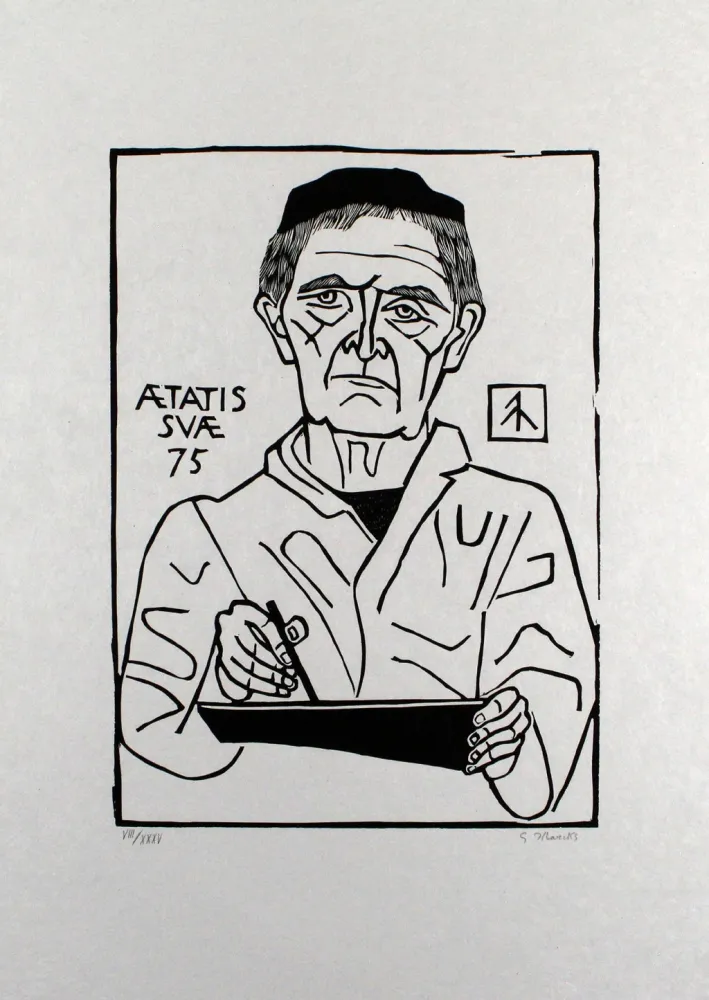 油毡版画 Marcks - Selbstbildnis von vorn (Halbfigur)