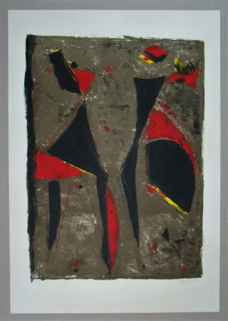 石版画 Marini - Cavalier noir et rouge sur fond brun