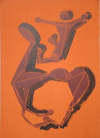 石版画 Marini - Cheval et cavalier sur fond orange