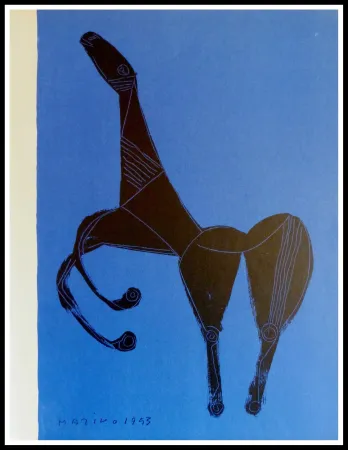 石版画 Marini - CHEVAL SUR FOND BLEU