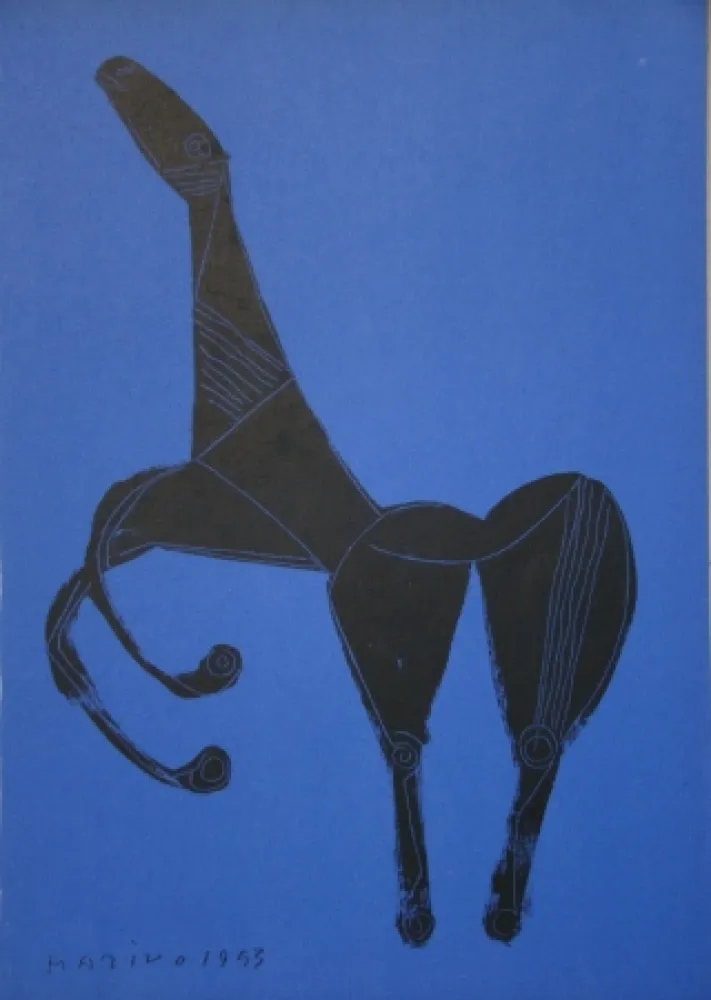 石版画 Marini - Cheval sur fond bleue