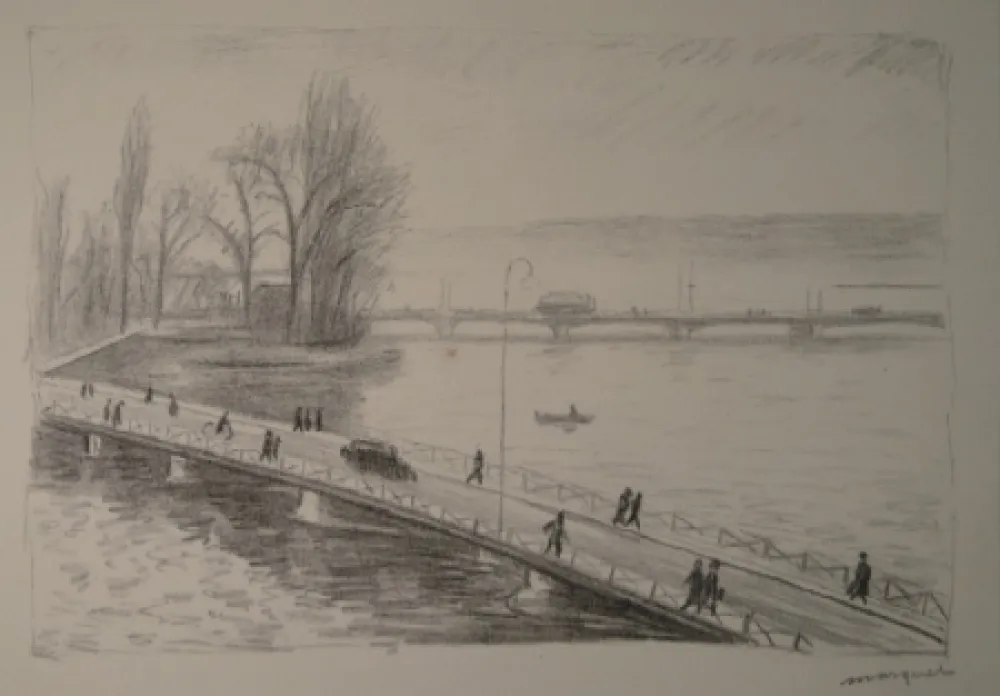 蚀刻版画 Marquet - Vue de deux Ponts (L'île Rousseau, Genève).