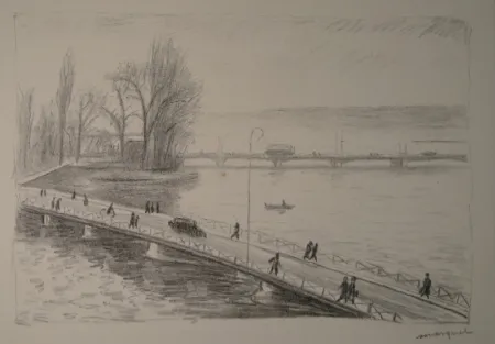 蚀刻版画 Marquet - Vue de deux Ponts (L'île Rousseau, Genève).