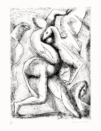 干刻版画 Masson - Femme attaquée par des oiseaux