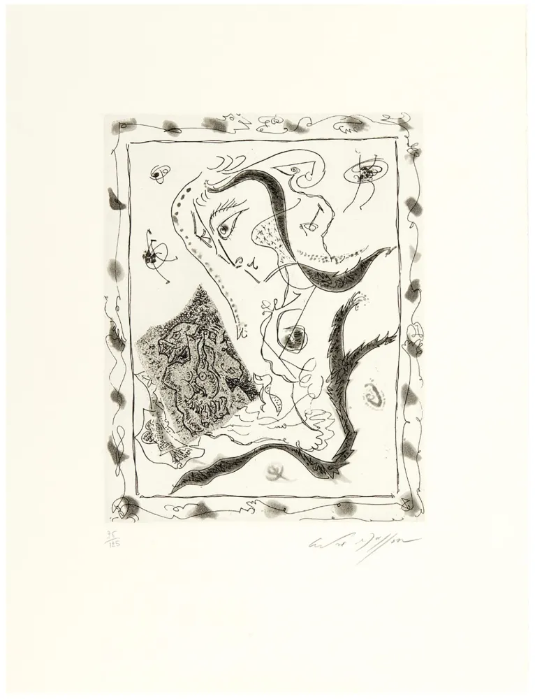 蚀刻飞尘法 Masson - Jeune fille regardant un dessin surréaliste (1967)