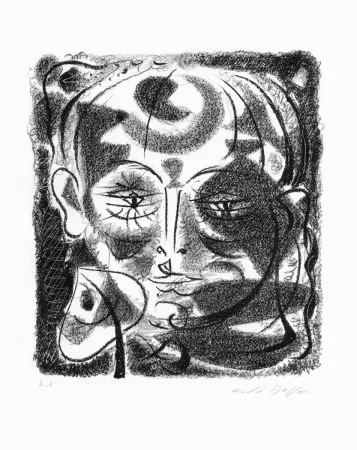 石版画 Masson - Visage à travers les feuilles