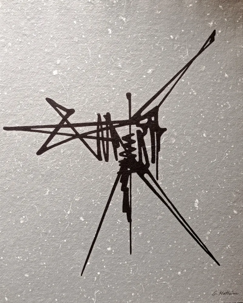 无技术 Mathieu - Abstract Composition, Beautiful Hand signed lithograph, black abstraction on grey background , Hand signed!