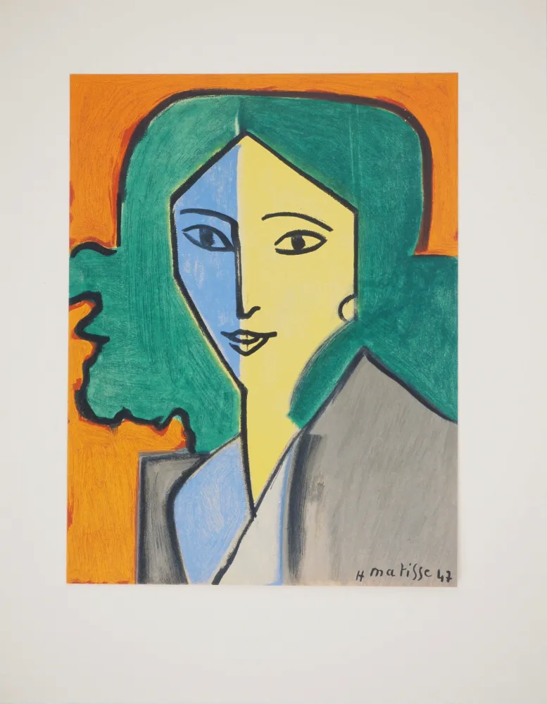 石版画 Matisse - Portrait bleu, vert et jaune