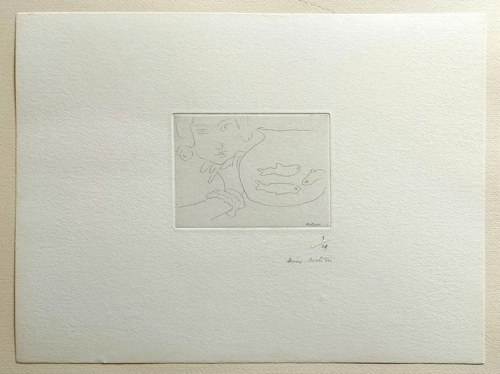 蚀刻版画 Matisse - Visage de jeune femme et bocal aux trois poissons