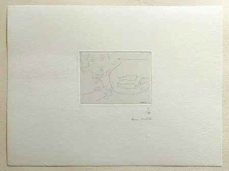 蚀刻版画 Matisse - Visage de jeune femme et bocal aux trois poissons