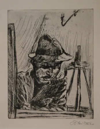 版画 Meidner - Selbstbildnis (mit Hut im Atelier)
