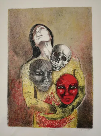 石版画 Mendez Azcarate -  Resurrección en rojo y amarillo
