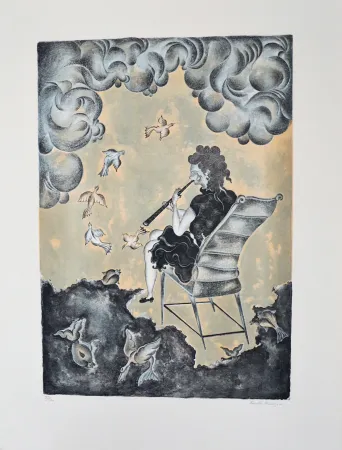 石版画 Mendoza - La mujer de la magia musical (en azul)