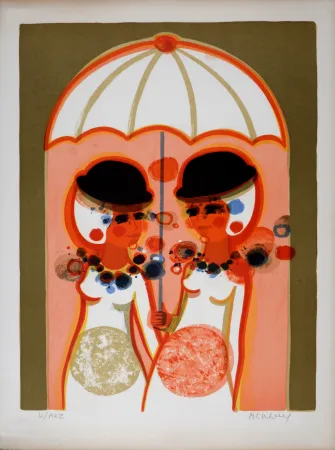 石版画 Menguy - Le Parapluie, Les Angéliques, 1975