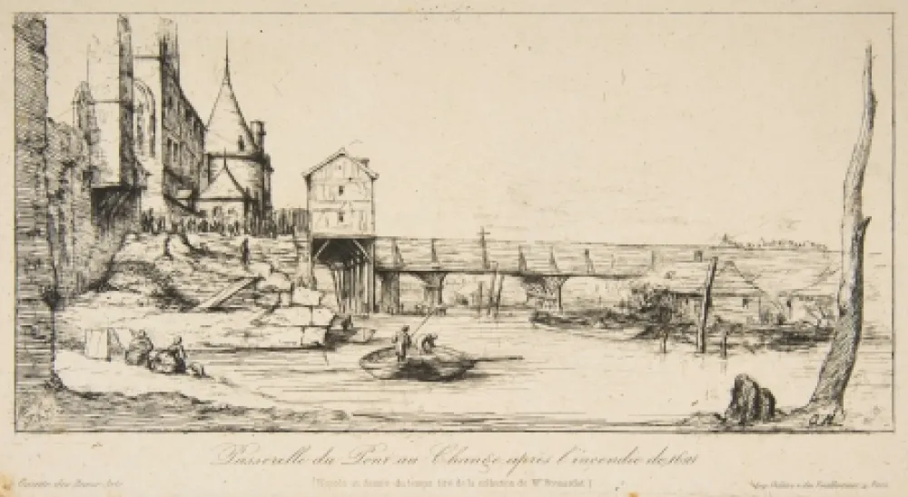 版画 Meryon - Passerelle du Pont-au-Change, Paris, après l'incendie de 1621