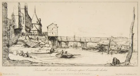 版画 Meryon - Passerelle du Pont-au-Change, Paris, après l'incendie de 1621