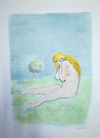 石版画 Messina - Donna seduta