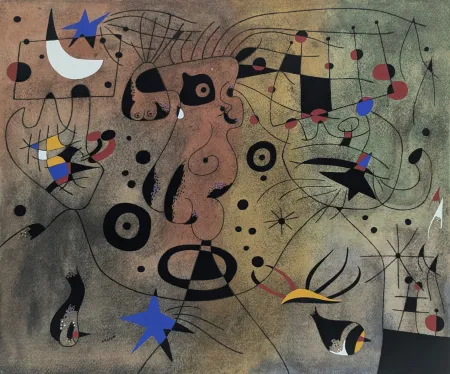 镂版印刷 Miró (After) - Femme à la blonde aisselle coiffant sa chevelure à la lueur des étoiles (Constellations) 