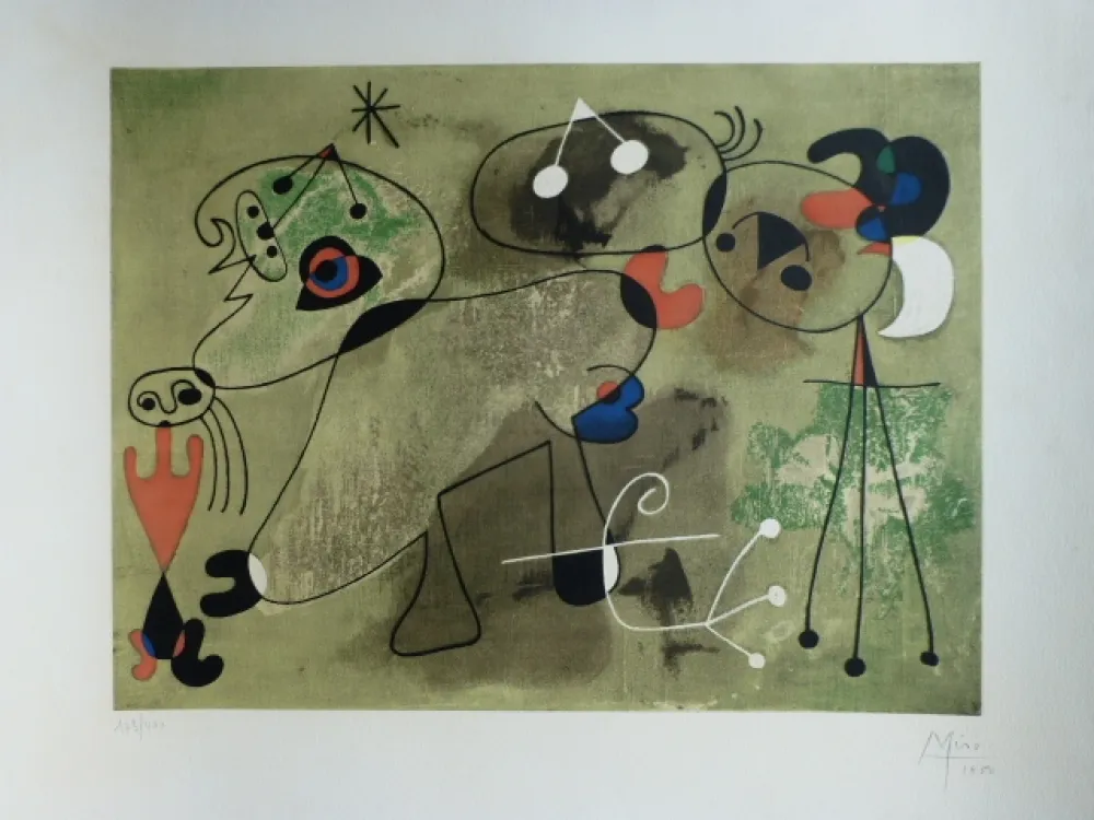 石版画 Miró - Composition fond vert