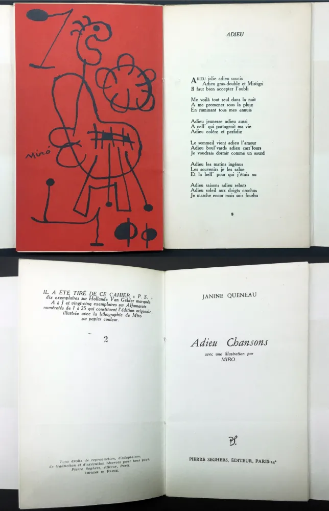 插图书 Miró - Janine Queneau : ADIEU CHANSONS. Avec une illustration par Miro (1951).