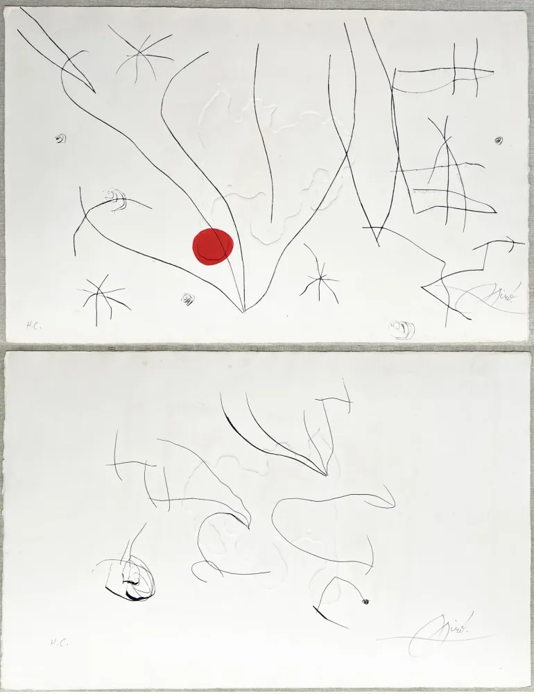 蚀刻飞尘法 Miró - L'ISSUE DÉROBÉE. Pointe sèche, aquatinte et gaufrage, signée à double face (1974)