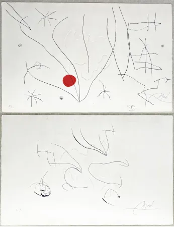 蚀刻飞尘法 Miró - L'ISSUE DÉROBÉE. Pointe sèche, aquatinte et gaufrage, signée à double face (1974)