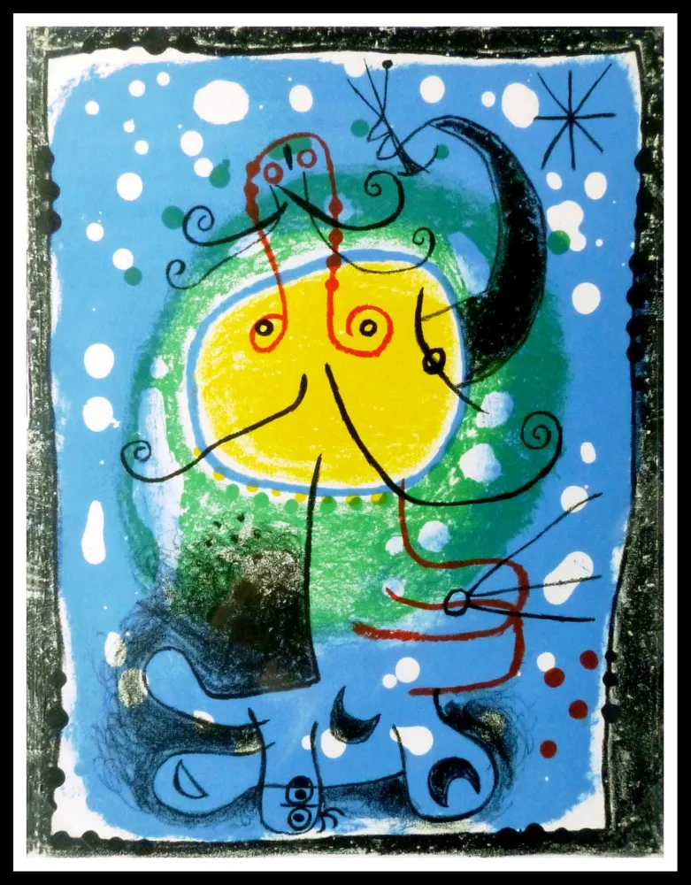 石版画 Miró - PERSONNAGE SUR FOND BLEU